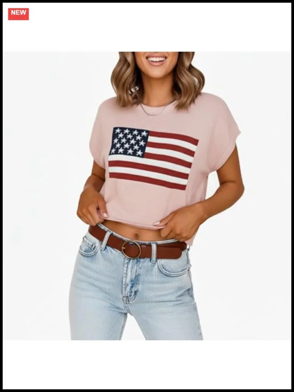 Women's American Flag Knit Pullover Sweater Lightweight Long Sleeve Crew Neck